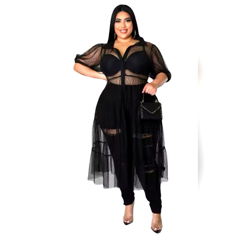 Black Capped Sleeves Sheer Polka Dot Mesh Plus Size Tiered Smock Dress